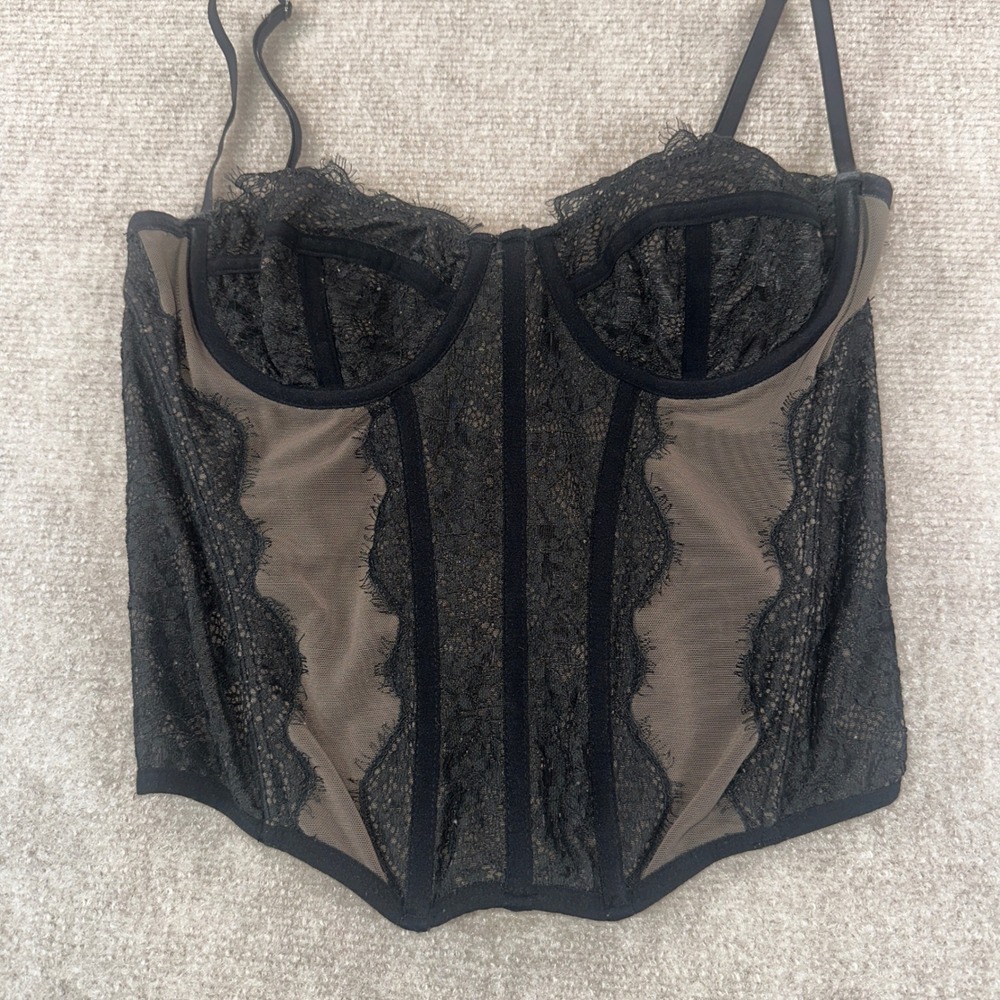 Black Lace and Taupe Mesh Underwire Corset Top with Adjustable Straps